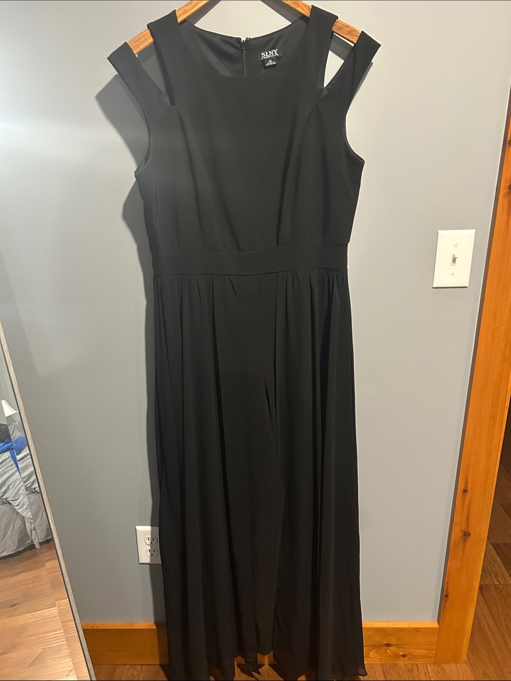 SLNY Black Cutout-Shoulder Maxi Pant Dress with Overskirt